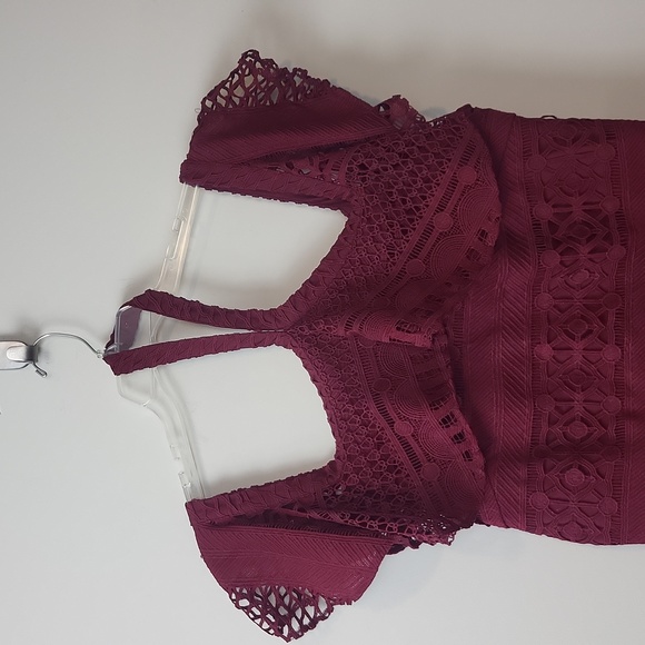 TRISH SCULLY Burgundy Aurora Off the Shoulder Choker Lace Midi Dress - Plus Size - Picture 3 of 16